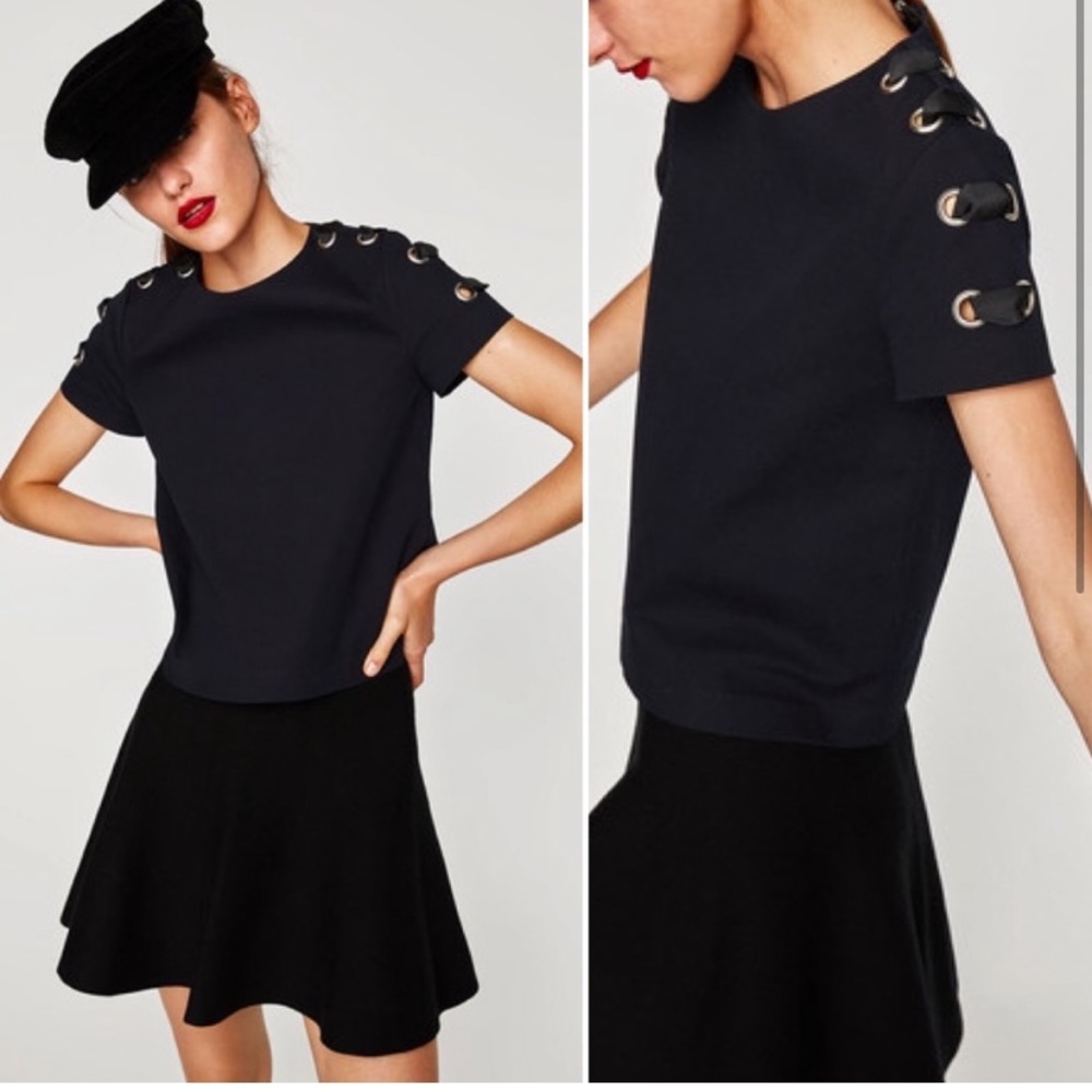 Women’s Black Short Sleeve Top with Grommet Detail
